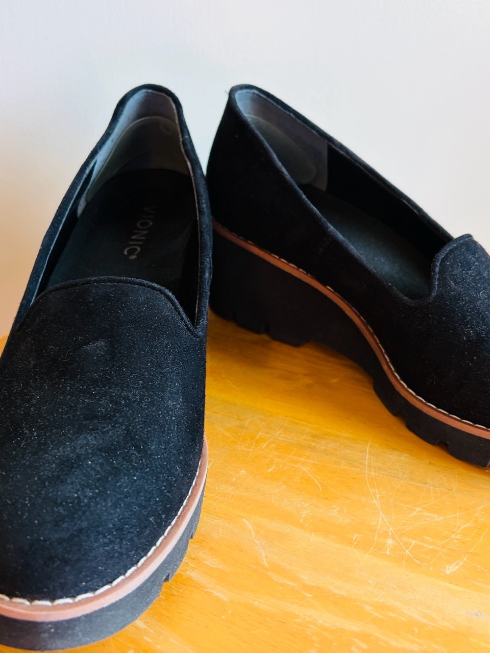 Vionic Black Suede Slip-On Loafers with Brown Welt